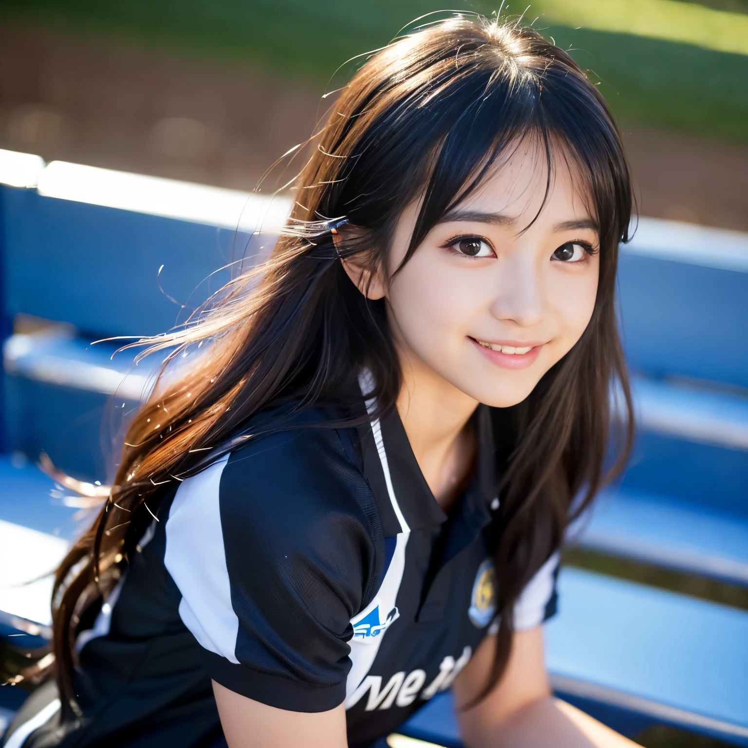 (Best-quality, Masterpiece, Ultra-High-Resolution, (Photorealistic:1.4), Raw Photo, depth of field, professional lighting, perfect anatomy, extremely details), 1girl, 15-years-old, the most famous Japanese idol, (((sitting in bleachers of soccer-stadium, wearing blue soccer-uniform, innocent smile))), ((extremely cute face like the most popular Japanese idol, ((extremely cute and extremely big black-eyes)), extremely beautiful black-long-hair, ((extremely beautiful and extremely realistic skins)), extremely cute long-eyelashes, extremely cute lips))