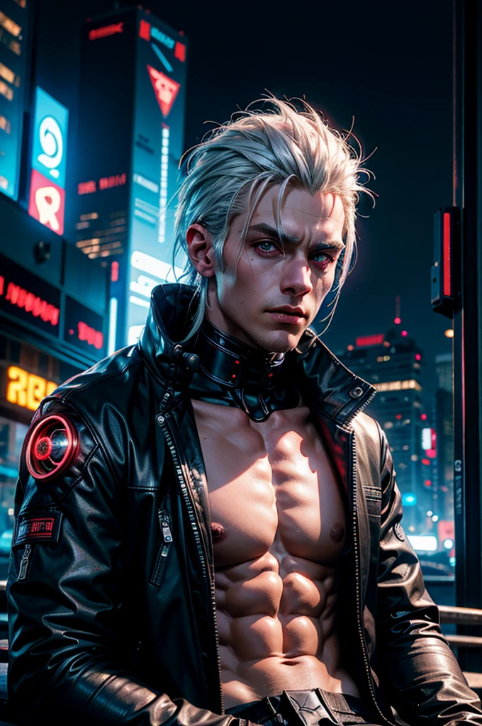 "dark theme :: closeup face focus, ultra realistic futuristic cyberpunk muscular male white hair sitting :: cyberpunk face (cyber eyes) :: cool cybernetic punk jacket red neon eyes :: shirtless :: natural lighting :: bokeh :: 8k :: best quality :: masterpiece :: futuristic cityscape background"