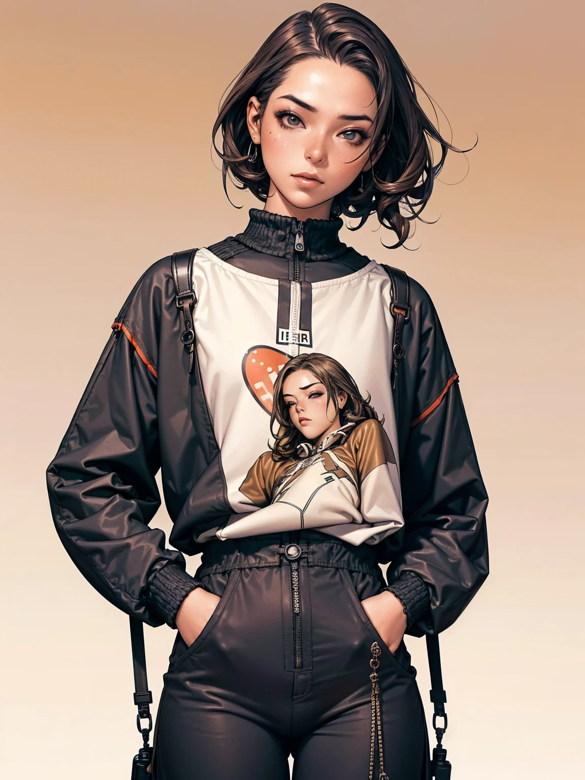 (best qualityer))), (((manga strokes))), (((light curly hair))), (((baggy pants with black spots))), (((textures and black paint running down clothes))), (((Rusc GFX_dark))), uma Kizi jovem muito bem vestida com roupas modernas de inverno, pants with paint splatters, top gift vertical stripes, short jacket with dark fur collar, beautiful and expressive face, slightly-smile, big eyes with long black eyelashes, heavy make-up, chains and zippers spread across clothes, contrasting colours, pose de atitude, hair with a modern and futuristic cut, urban game poster art, dramatic camera angles, graffiti art elements in the background, design mixing contemporary and retro by Shepard Fairey, (((cowboy shot))), (((best qualityer: 1.4))), (Unbeatable masterpiece), (hiper HD),(CG 8k hyper-realistic), Kizi, (((standing alone))), pirralha violent, ((())), sexly, pose de atitude, work of art, post-apocalypse, (((manga style))), bounty hunter, violent, Manic, the way you want, slenderbody, thin but strong, perfectbody, roupa moderna, advanced technology, neon, sleeves with vertical striped pattern, neutral background, (( cowboy shot )). intricate visual