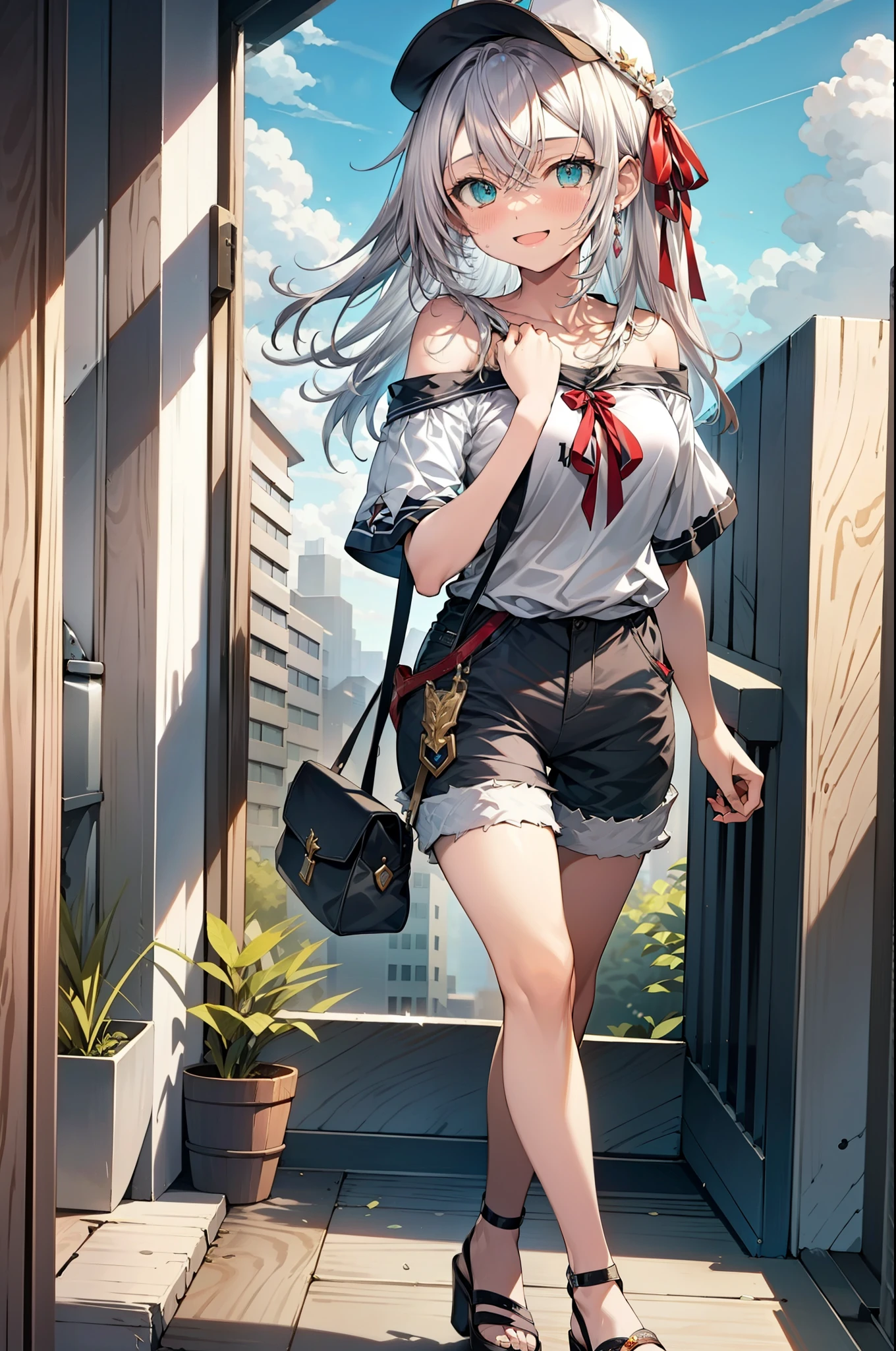  Alisa Mikhailovna Kujo,Hair between the eyes, Aqua Eye, Gray Hair, Long Hair, ribbon, hair ribbon, Oversized one-shoulder shirt,Short sleeve,Shorts,Heeled Sandals,Baseball hats,walk,happy smile, smile, Open your mouth,whole bodyがイラストに入るように,Daytime,Clear skies,
break outdoors, Building district,
break looking at viewer, whole body,
break (masterpiece:1.2), Highest quality, High resolution, unity 8k wallpaper, (figure:0.8), (Beautiful attention to detail:1.6), Highly detailed face, Perfect lighting, Highly detailed CG, (Perfect hands, Perfect Anatomy),