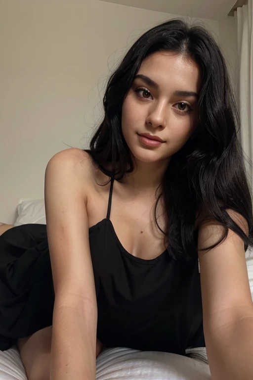 Black haired woman, with a black dress, lying on her bed, Beautiful young model 21 years old, Selfie