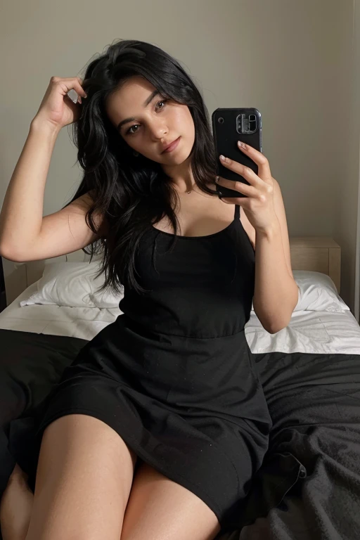 Black haired woman, with a black dress, lying on her bed, Beautiful young model 21 years old, Selfie