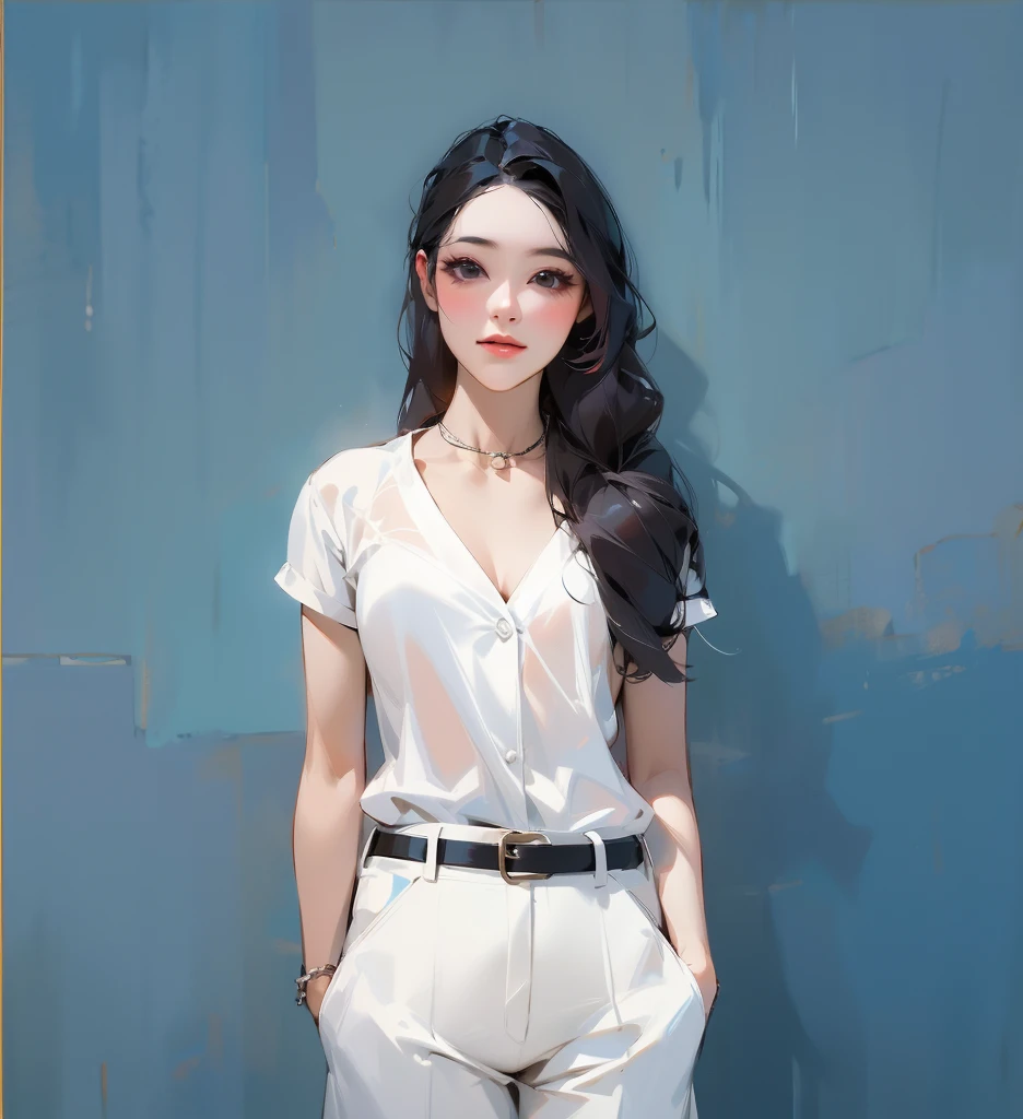 Second Dimension,high quality,8k,Beautiful tall young man, fit, Fair skin, Long loose hair, Black eyes, White short-sleeved shirt,White suit pants,Black leather belt,necklace
