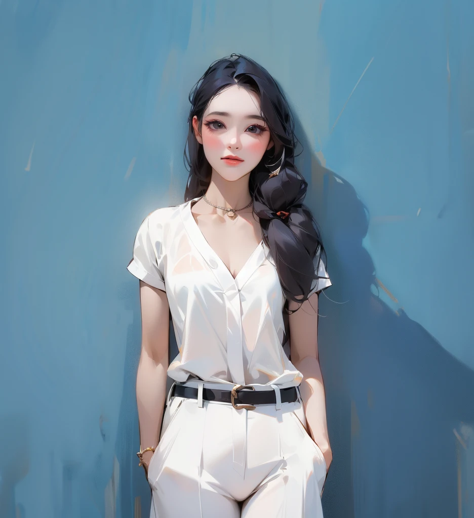 Second Dimension,Genshin Impact,Onmyoji,high quality,8k,beauty的的高个子年轻女人,beauty,pretty, fit, Fair skin, Long loose hair, Black eyes, White short-sleeved shirt,White suit pants,Black leather belt,necklace,Solid color background,Simple background