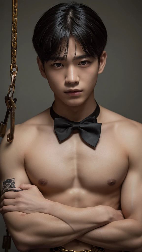 Highest quality, masterpiece, Ultra-high resolution, (Realistic: 1.4), Original photo, wallpaper, Head Photo, skin, Simple Background, iris, detailed, Underground Prison, Male idols,South Korea,Half naked, 18-year-old, Black bow tie, Black trunks,Chained in shackles,Staring at me