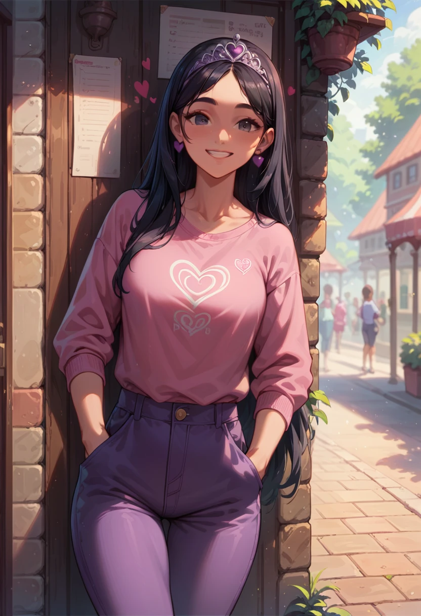 Abby park, Bblack hair, eyes browns, heart earrings, purple tiara, pink shirt, purple pants, corner smile, hands in pocket, pose, best qualityer, no flaws 