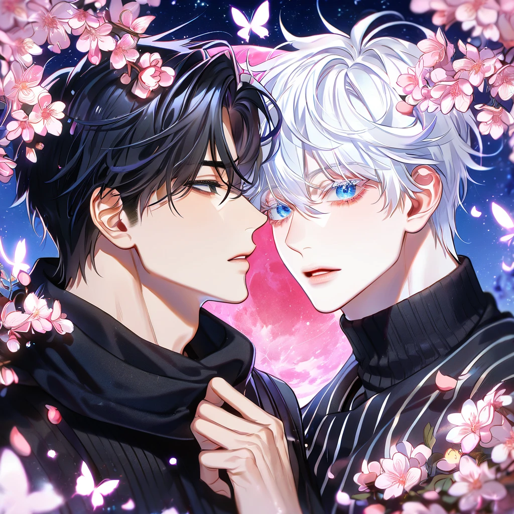 absurdres, highres, ultra detailed, HDR, master piece, best quality, extremely detailed face, delicated features, Kang Woojin, black hair, messy hair, expressive dark blue eyes, Love Jinx, Gojou Satoru, white hair, expressive blue eyes, white eyelashes, two sexy men together, gay couple, yaoi, handsome, black coat, black sweater, black scarf, fantasy, magical, radiant, blossoms, pink flowers, pink butterflies, starry night, shining pink moon