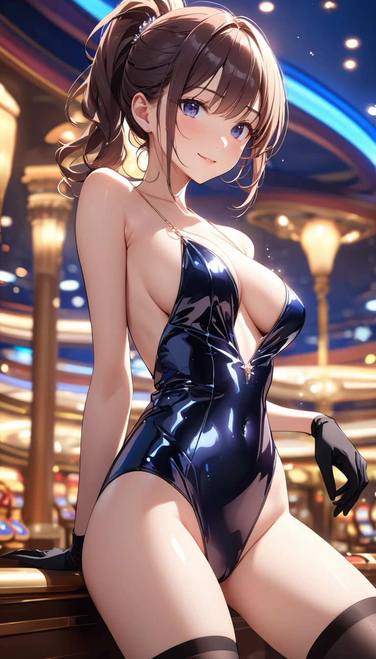 高いquality illustration, masterpiece, Very delicate and beautiful, Attractive girl,(Shiny black swimsuit、Black knee socks、Black gloves),thin,Slender body,slim、casino、casinoの背景,Princess, Beautiful Eyes,A light smile,(masterpiece, Highest quality:1.2), High resolution, Very detailed CG ユニティ 8k 壁紙, Perfect lighting, colorful, 超High resolution,4K,Very detailed, photograph, 8k, High resolutionolution, 　Armpits　Big Breasts　ponytail　Close-up of the crotch from directly below