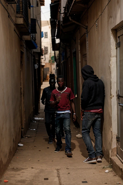 African teenage boy being robbed by three robbers in a dark alley