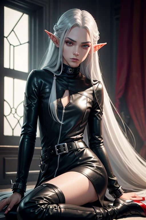 elf man, rascal dress, very long straight silver hair, silver eyes, very androgynous, with red hood. Age 25 years, high. black boots, black leather pants.