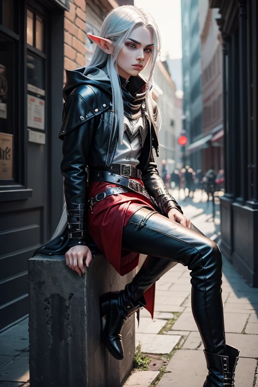 elf man, rascal dress, very long straight silver hair, silver eyes, very androgynous, with red hood. Age 25 years, high. black boots, black leather pants.