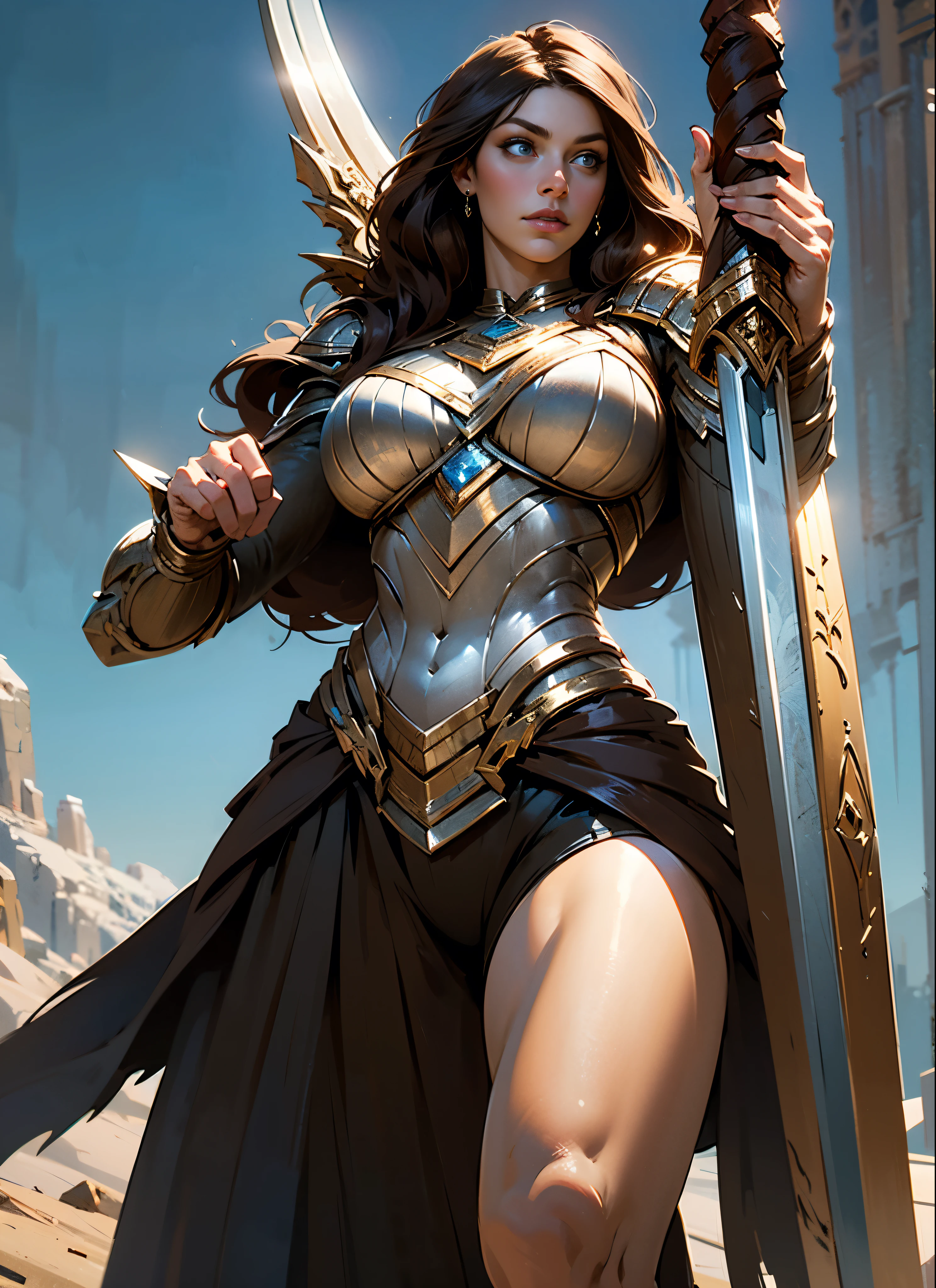 Alison Tyler as a Asgard valkyrie，blue eyes, long brown hair, perfect body, Senhora Cavaleiro，Anatomia correta，holding a magical big sword, epic fantasy digital art, masterpiece，8k，high-definition resolution，desenho detalhado，Qualidade Superior，, Epic composition, músculous body