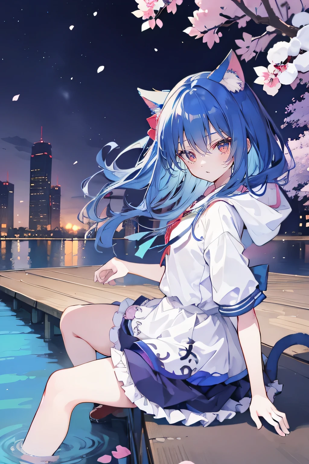 (masterpiece:1.2),Super detailed,lifelike,Expressive eyes,fair skin,perfect face shape,1 girl,
Japanese comics,Gorgeous blue hair,flowing blue hair,flowing clothes,Cat ears,Petals fall,beautiful lola,Baby Angel,
Shaking head with one hand,Cross your legs,Gentle and peaceful background,The pavilion is cool and comfortable,smile, wearing hoodie, background of tokyo,back views,snowing, winter,lie on the water.