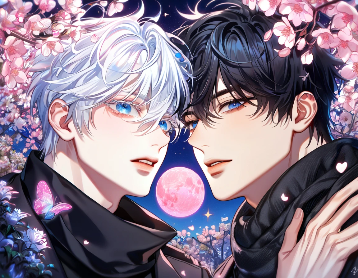 absurdres, highres, ultra detailed, HDR, master piece, best quality, extremely detailed face, delicated features, Kang Woojin, black hair, messy hair, expressive dark blue eyes, Love Jinx, Gojou Satoru, white hair, expressive blue eyes, white eyelashes, two sexy men together, gay couple, yaoi, handsome, black coat, black sweater, black scarf, fantasy, magical, radiant, blossoms, pink flowers, pink butterflies, starry night, shining pink moon