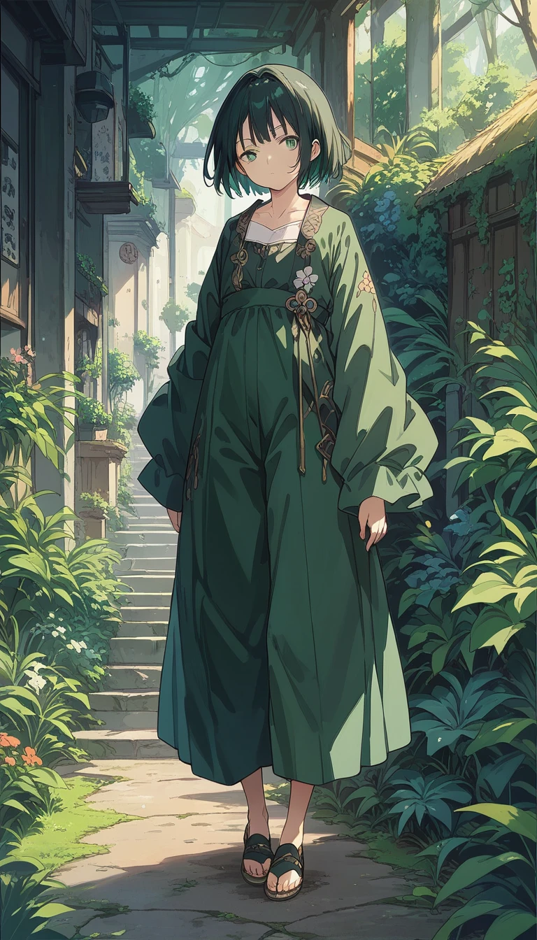 source_anime, full body, 1boy, solo, tall height, flat chest , Dark Green Hair, straight hair, short hair, 