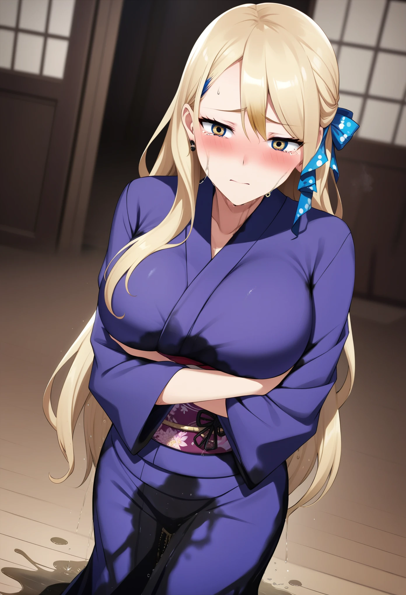 (high quality,Very detailed:1.37, High resolution), Woman, Serval Landau, kimono, long kimono, large breasts, (wetting herself:1.5), (standing:1.5), embarrassed, humiliation, (sweating:1.5), (blushing:1.5), Meticulous details, (extremely detailed eyes:1.37), (arms crossed:1.5)