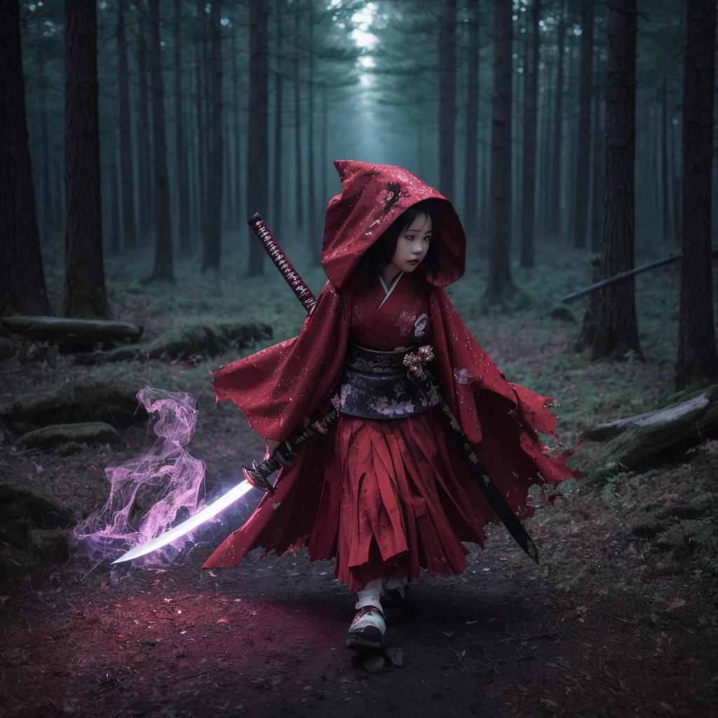 A little geisha wearing a red cloak and carrying a curse katana (sheathed sword),walks through a dark forest.she is in mid-stride, its head turned slightly to the left.the cloak is tattered and torn.the sword flow a purple smoke aura. The forest is dark and gloomy, and the only light comes from a few small moonbeams shining through the trees. The girl is alone and looks lost and alone. Photography style