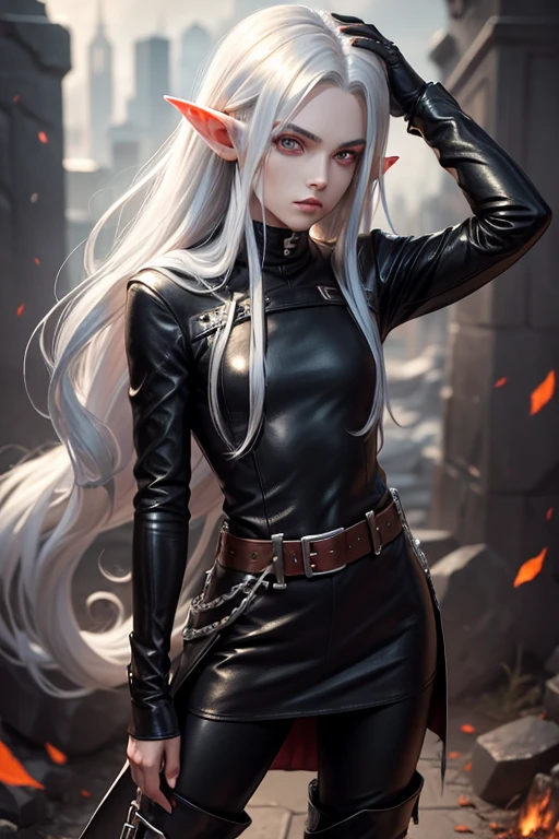 elf man, rascal dress, very long straight silver hair, silver eyes, very androgynous, with red hood. Age 25 years, high. black high boots, black leather pants. Brown leather belt