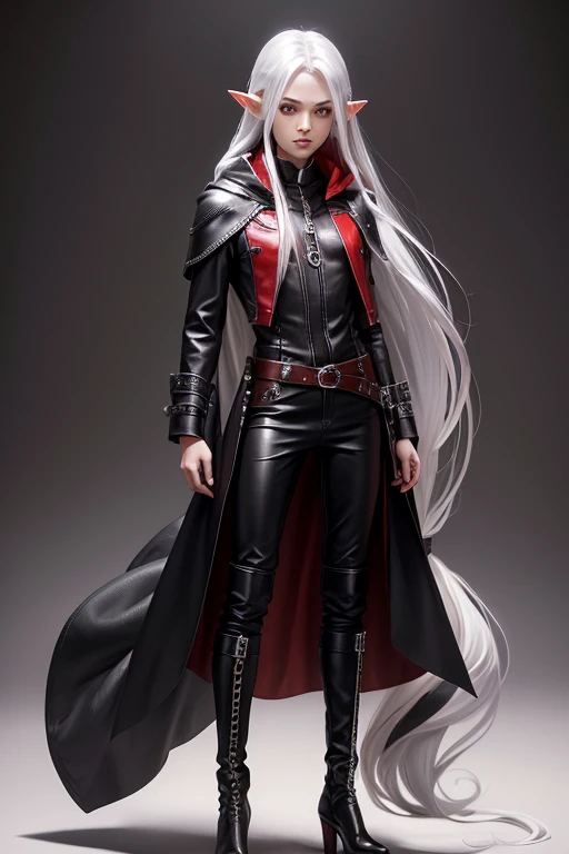 elf man, rascal dress, very long straight silver hair, silver eyes, very androgynous, with red hood. Age 25 years, high. black high boots, black leather pants. Brown leather belt