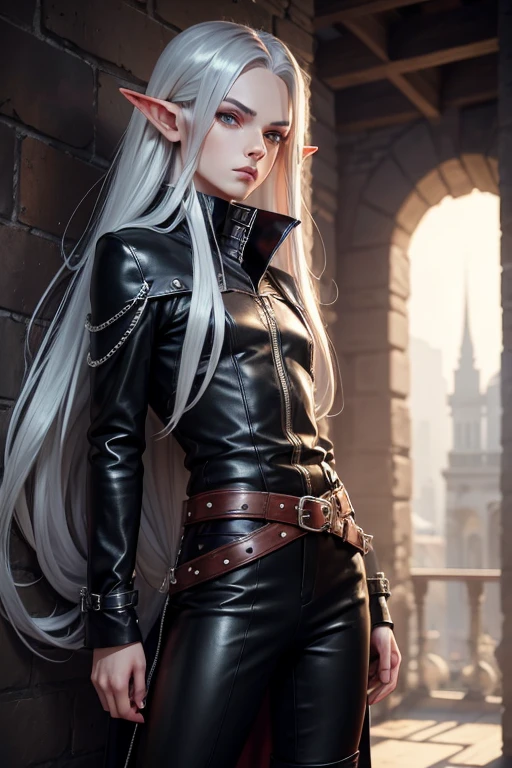 elf man, rascal dress, very long straight silver hair, silver eyes, very androgynous, with red hood. Age 25 years, high. black high boots, black leather pants. Brown leather belt