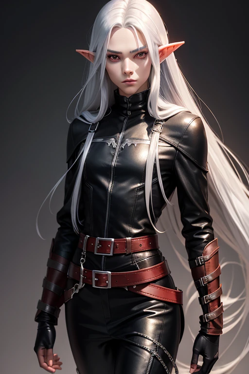 elf man, rascal dress, very long straight silver hair, silver eyes, very androgynous, with red hood. Age 25 years, high. black high boots, black leather pants. Brown leather belt