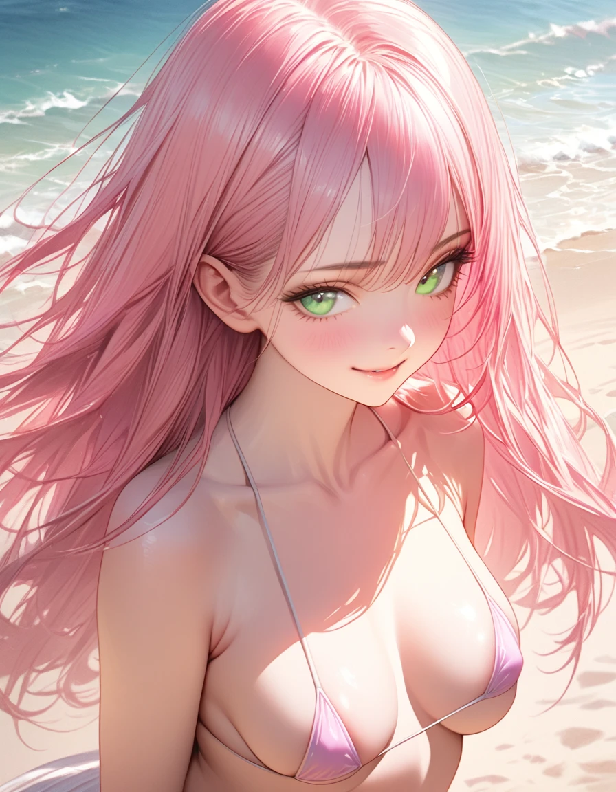 (((Best quality))),(Realistic shadows),(((Very fine lines))),Beautiful,Exquisite,16K,Full HD,Absurd,Beach,((Upper body,Soft expression)),Shine,Micro bikini,Curvy,Belly button,Dimples in the skin,Beach,Standing with a graceful smile,Pastel colors,Long pink hair,Straight hair,Green eyes,Long eyelashes,Beautiful eyes,Pale pink cheeks,Light eyes,Long and slender legs,