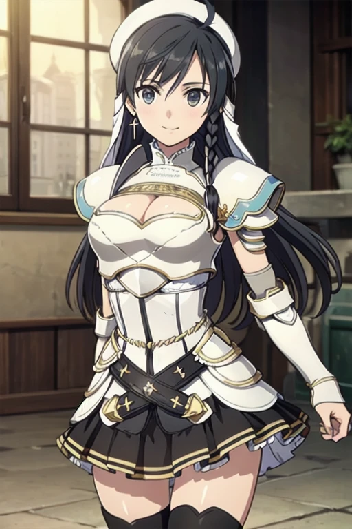 Sonia Blanche, cross earrings, hair ornament, veil, armored dress, pauldrons, breastplate, gauntlets, belt, skirt, greaves, (white beret), 1girl, solo, upper body, big breasts, facing viewer, looking at viewer, smile, hands on hips, (simple white background)