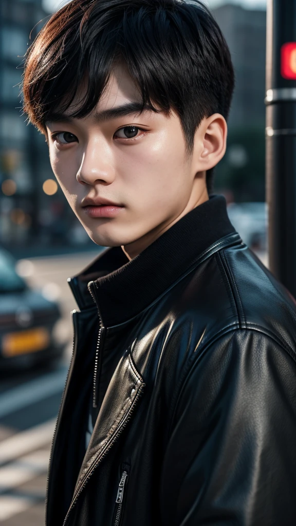 18 year old Korean MAN pale skin beautiful face BIG EYES is wearing a black jacket super realistic image