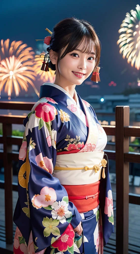 (8k、Raw photography、top-quality、masterpiece:1.2)、(reallistic、Photorealsitic:1.37)、The ultra -The high-definition、1 girl in、cute little、solo、natta、Sitting、date、(Nasal redness)、(A smile:1.1)、(Closed)、Colossal tits、beautidful eyes、(short-hair:1.2)、(((Fireworks in the sky、natta)))、(((kimono、yukata)))、cleavage on the chest、big breasts 、perfect bodies、Perfect fingers、profetional lighting、goddess of Japan、gravure、Detailed face and skin texture、A detailed eye、Raw photo
