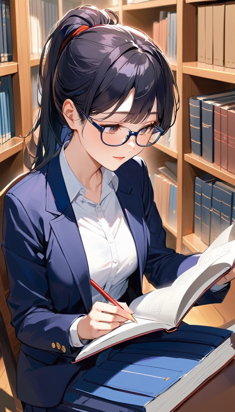 18 yeaes old, a woman, ponytail, Black Hair, Glasses, Navy blue blazer, White shirt, Navy blue long skirt, Studying in the library, high school student