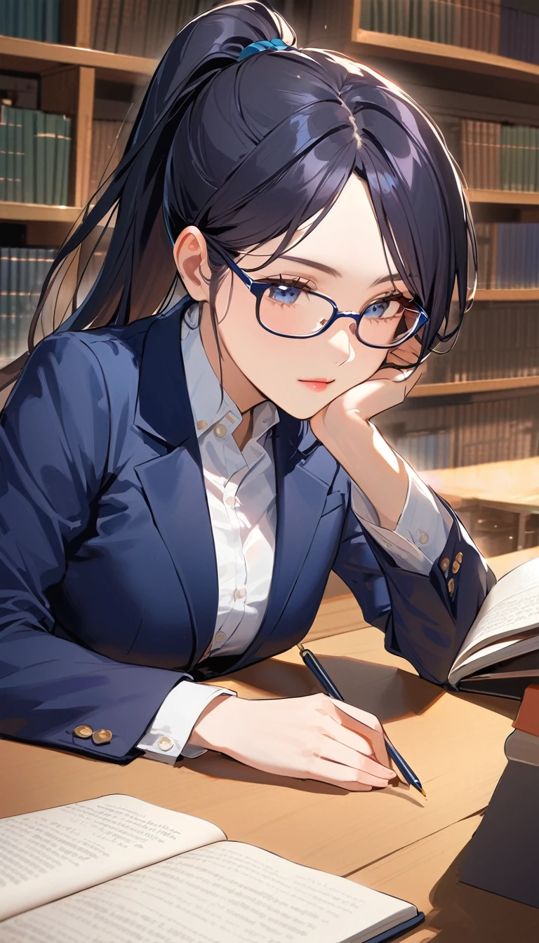 18 yeaes old, a woman, ponytail, Black Hair, Glasses, Navy blue blazer, White shirt, Navy blue long skirt, Studying in the library, high school student