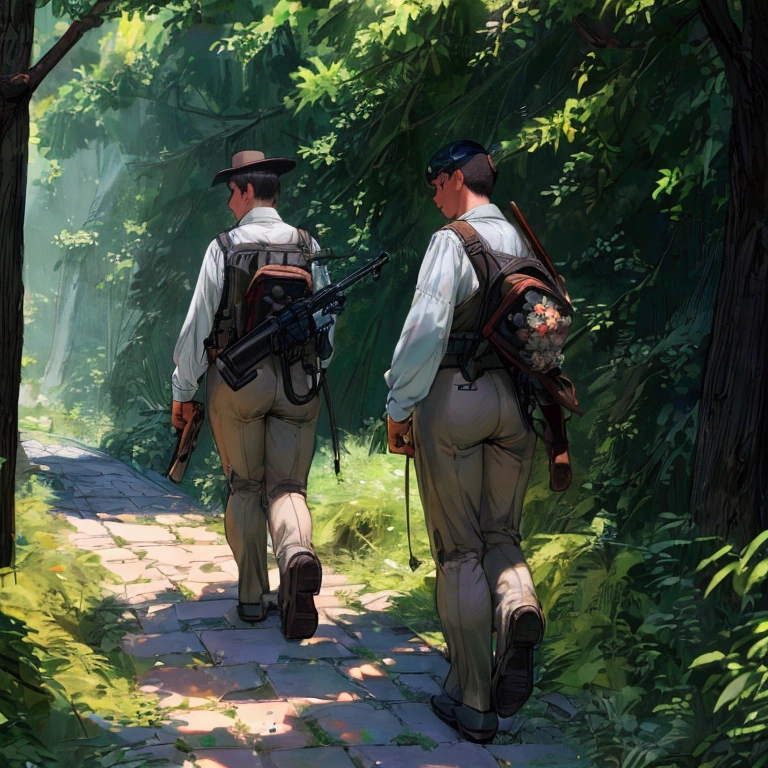 (Top Quality, Ultra Detailed, Realistic: 1.37), From a diagonal side view, Humorous, Cartoon style, Thick lines, Children's storybook illustration, Bright colors, Two hunters with hunting rifles in their hands walk carefully down a path through a flowered forest, while two hounds gallop around them. In the middle, an anthropomorphic human-sized cat dressed in a 19th century suit walks alongside them.