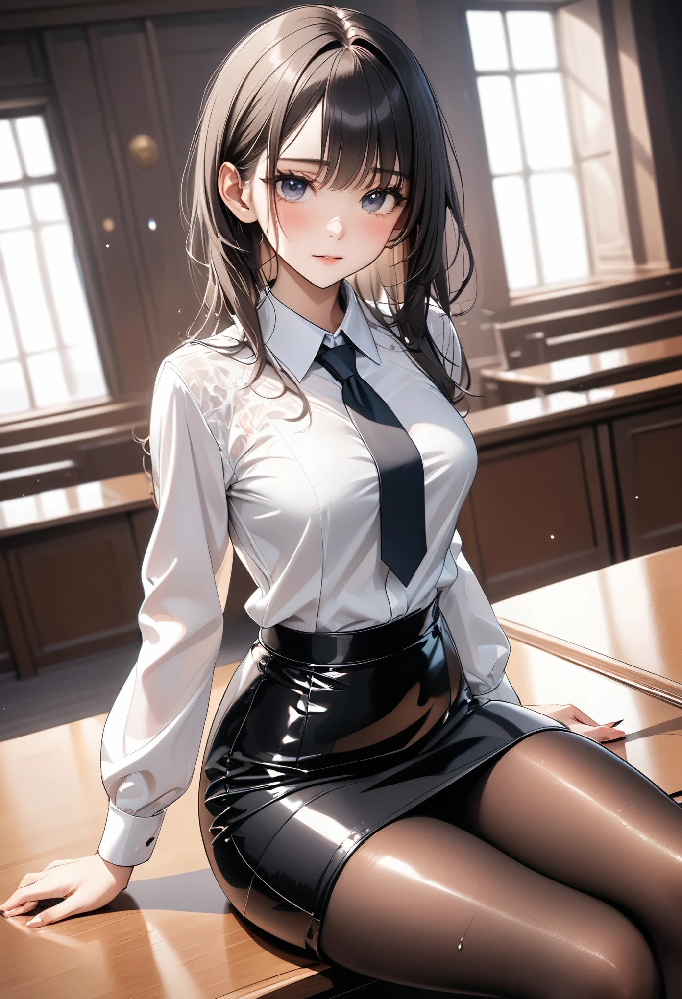 (((Female lawyer, formal suit skirt, pencil skirt a black, pantyhose, white blouse,  jacket, Stiletto heels, (Shiny Costumes)))), skinny, solo, 1 woman, Masterpiece, highest quality, highest quality, 16K, incredibly absurd, highly detailed, 2.5D, ai-generated, delicate and dynamic, very delicate facial expressions, delicate eye depiction, , only sexy woman, ((A cute and kind face)), healthy figure, ((25-year-old woman)), 160cm tall, medium firm swaying bust,, blush, Sweat,Embarrassed,sexy, ((thin thighs)), (Erect nipples:1.0), shiny and lustrous, facing straight at viewer, (in heat), ((Oily_skin)), ((dutch angle)), (( pose)), Fashion Model poses, Fashion Model style, (Close-up),In the courtroom, sitting on a desk, up knees,