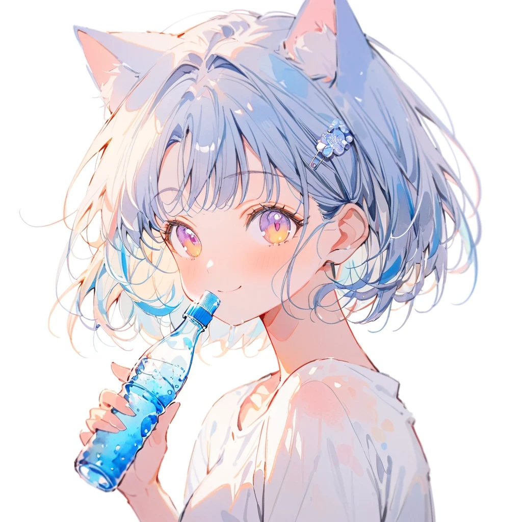 best quality, beautiful, (watercolor:1.2), girl, light blue, blue hair, short hair, cat ear, Upper Body, smile. white t-shirts, drinking ramune, look at me, big light color hairpin, white background