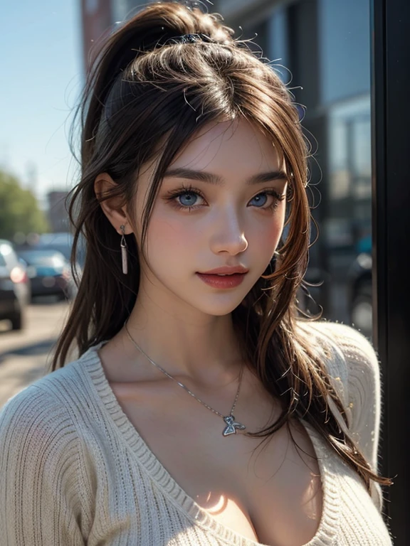 Beautiful urban college girl, masterpiece, light makeup, Red lips, Silver Hair, Long, messy hair, urban landscape background, Beautiful and elegant. Ultra-fine detail, masterpiece, Authentic texture, Realism in film lighting, Perfect job, 16K, High resolution, Exquisite features, blue eyes, Japanese Idols, ponytail, Beautiful Face, Cute Smile, Brown Hair, Beautiful Hair, glamorous, ????? nipples, Greasy muscle, Glowing Skin, Sunburned skin, dark Glowing Skin, big, Bright Eyes, Smooth Skin, Earrings, necklace, tattoo, Exquisite, Everything is wet, Lightweight knit sweater,