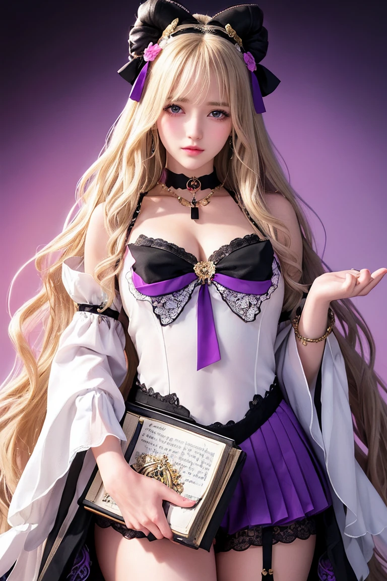 make one with long wavy blonde hair, adorned with various accessories, including a black bow, a crown of purple flowers. Her purple eyes are big and expressive, with shades of pink and yellow. She is wearing a black and white outfit with intricate gold lace details and a choker necklace.. Holding a book, with a sweet expression