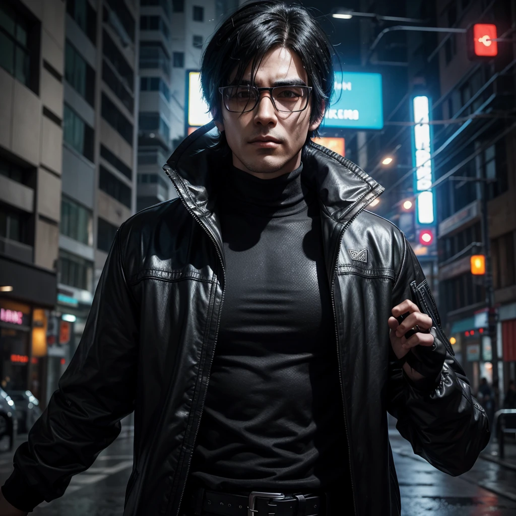 Make a man with black hair wearing glasses and he has cyberpunk clothes and he is in the world of the game Death Stranger and make the art with 3D anime features