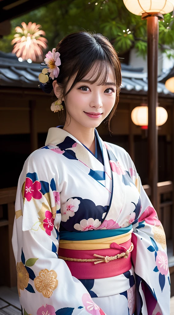 (8k、Raw photography、top-quality、masterpiece:1.2)、(reallistic、Photorealsitic:1.37)、The ultra -The high-definition、1 girl in、cute little、solo、natta、Sitting、date、(Nasal redness)、(A smile:1.1)、(Closed)、Colossal tits、beautidful eyes、(short-hair:1.2)、(((Fireworks in the sky、natta)))、(((kimono、yukata)))、cleavage、big breasts 、perfect bodies、Perfect fingers、profetional lighting、goddess of Japan、gravure、Detailed face and skin texture、A detailed eye、Raw photo