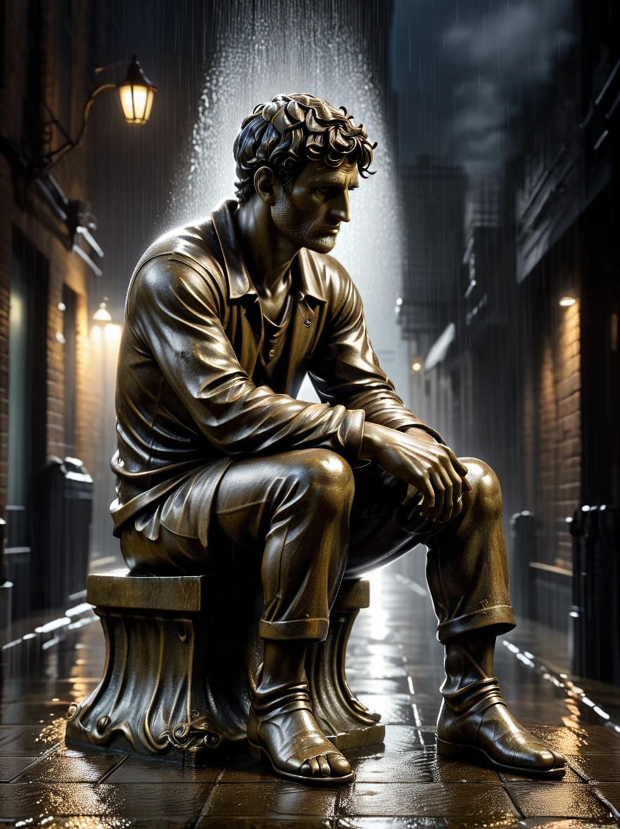 a thoughtful man, bronze sculpture, 1 man sitting in deep thought, rainy day, gloomy background, dramatic lighting, moody atmosphere, masterful craftsmanship, realistic details, (best quality,4k,8k,highres,masterpiece:1.2),ultra-detailed,(realistic,photorealistic,photo-realistic:1.37),intricate textures,dramatic shadows,cinematic composition,melancholic,pensive expression,bronze statue,classical art,Western sculpture,20th century art