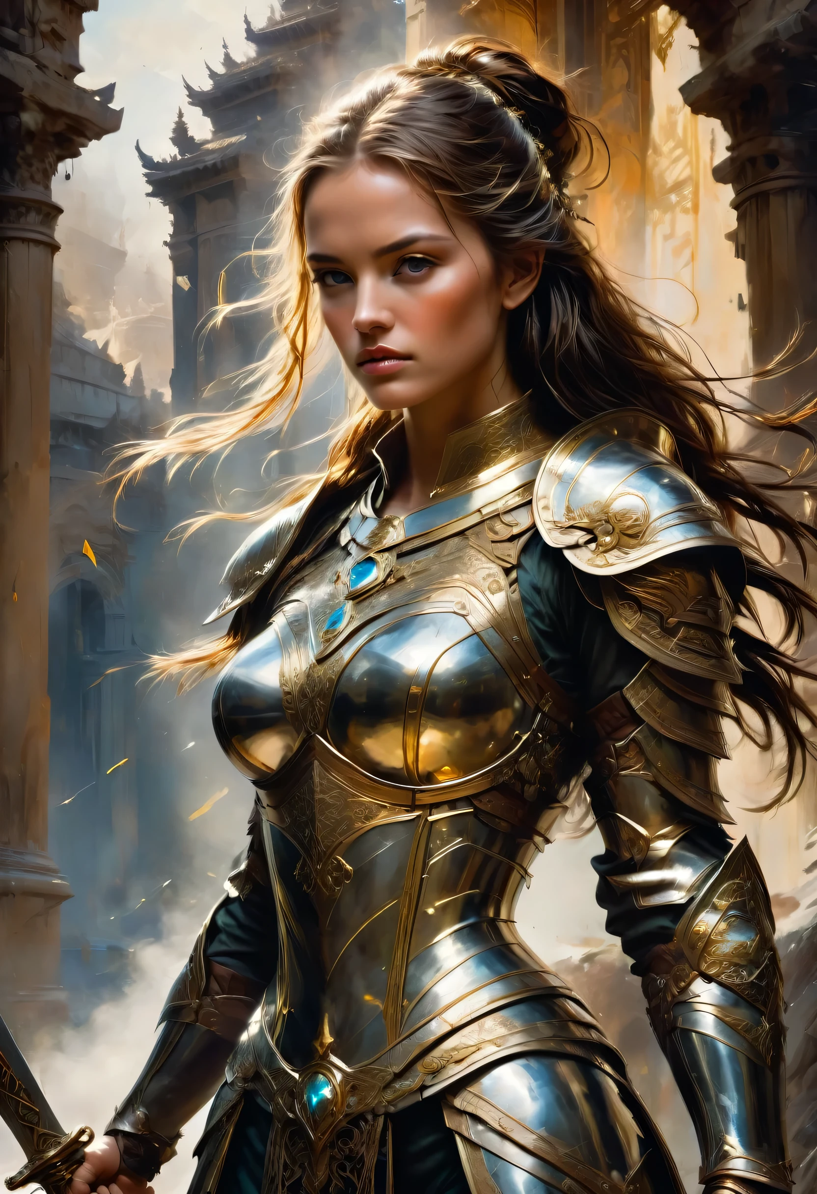 Female Warrior, by Richard Anderson, best quality, masterpiece, very aesthetic, perfect composition, intricate details, ultra-detailed