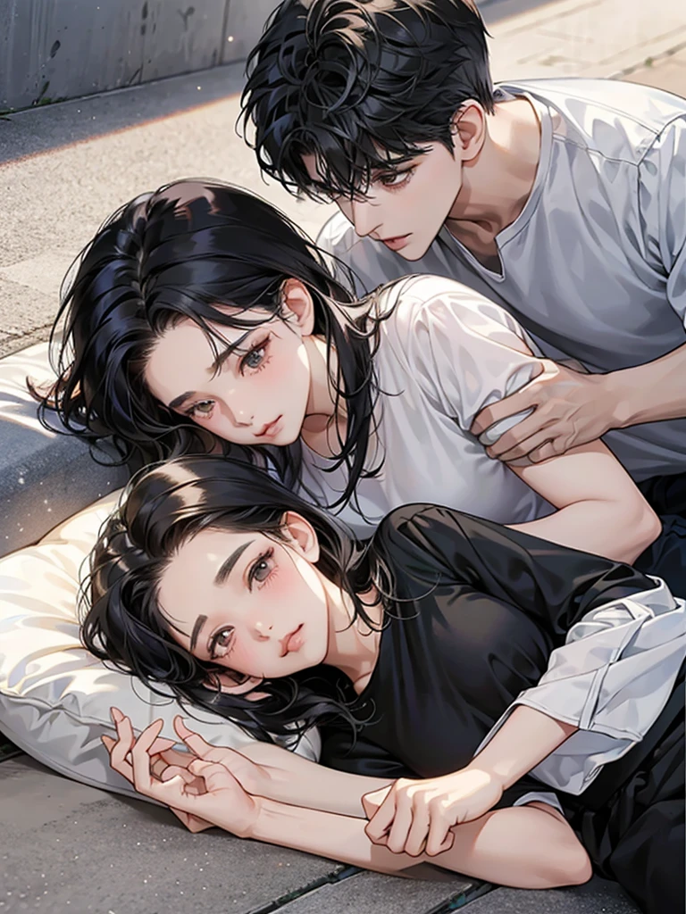 a couple, 1 girl 1 boy, Hair color is different, Medium black hair and brown eyes, Short black hair and gray eyes, Romance, Lie on the ground, a couple、Lip touch, พื้นหลังเรียบๆ