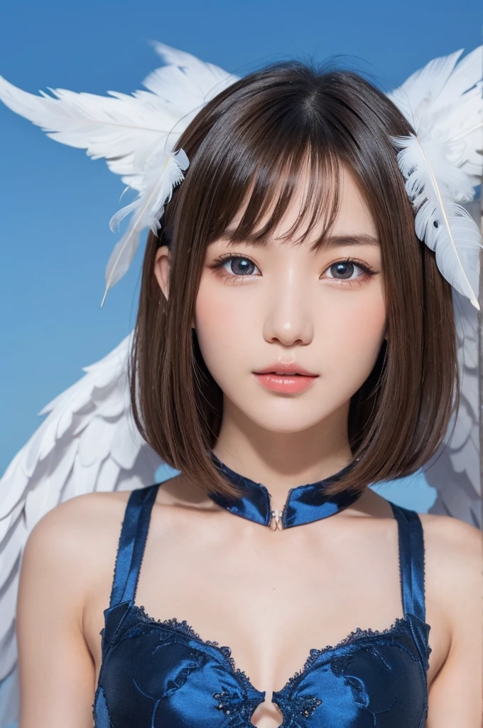 One Girl, (Beautiful girl, Delicate girl:1.3), (:1.3),
break, (Angel Costume, White Feather Wings:1.3),
break, (blue sky:1.2),
break, Very beautiful eyes, (Symmetrical eyes:1.3),
break, Small breasts, Brown eyes, Parted bangs, Brown Hair, (Upper teeth, The best smile:0.2),
break, (Eye and facial details:1.0),
break, (masterpiece, Highest quality, Super detailed, Detailed face, 8k)