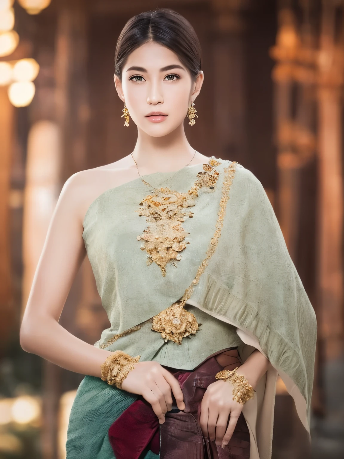 (RAW photo:1.2), (photorealistic:1.4),(masterpiece:1.3),(best quality:1.4),ultra high res,(detailed eyes),(detailed facial features),(detailed clothes features),HDR,8k resolution, solo focus,thai tradition dress,tradition shawl ,golden jewelry,1 girl ,facing to viewer,full body, depth of field,cinematic light,(adorable girl with rim lighting :1.2), (((perfect body shape ))),,21 year old ,(Eurasian face),(pale skin),(gorgeous short hair:1.1),(dark hair:1.11), Random body orientation,