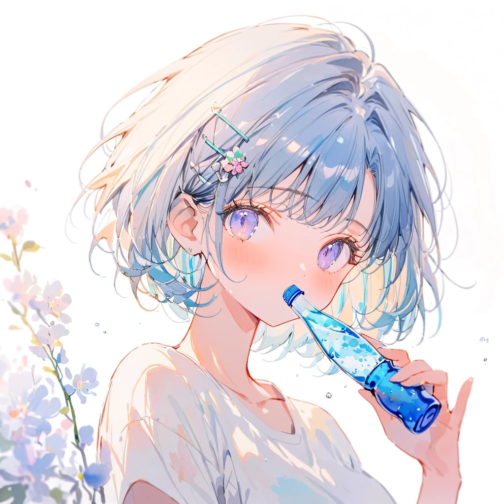 best quality, beautiful, (watercolor:1.2), girl, light blue, blue hair, short hair, cat ear, Upper Body, white t-shirts, drinking ramune, look at me, big light color hairpin, white background