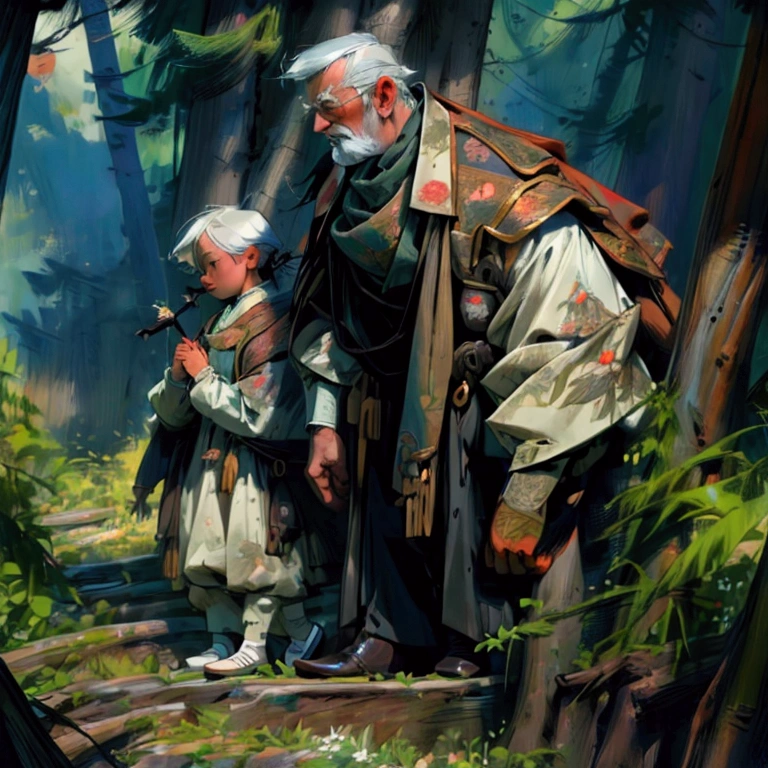 (Top Quality, Ultra Detailed, Realistic: 1.37), From a diagonal side view, Humorous, Cartoon style, Thick lines, Children's storybook illustration, Bright colors, Two hunters with hunting rifles in their hands walk carefully down a path through a flowered forest, while two hounds gallop around them. In the middle, an anthropomorphic human-sized cat dressed in a 19th century suit walks alongside them.