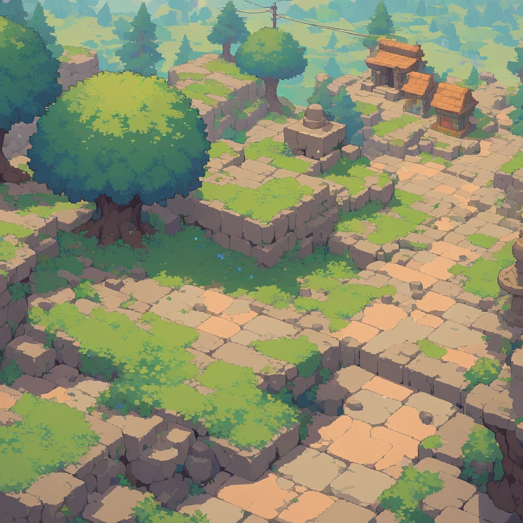 retro video game style,pixelated, vibrant pastel colors,8-bit characters,blocky shapes,sharp lines,detailed shading,classic gaming vibe,nostalgic atmosphere,classic arcade games,masterpiece:1.2,ultra-detailed,illustration style, 2d texture, stone texture, 4 k seamless mud texture, video game texture, dirt texture, tileset, game tiles, grass, 3/4th perspective trees, 3/4th perspective tileable rock texture, 3/4th perspective tileable cliff formations, tileable trees, topdown view, game texture, game art, tileable texture, very detailed cliff texture, intricate stones, top down view, 3/4th perspective, arena tiles, tiles with cracks and debris, tileable tiles, stone stairs, sidewalk, wooden door, wooden fence, 3/4th perspective stone statue, electric powerlines, 3/4th perspective wooden bridge, 3/4th perspective tileable anime style houses, blue roof tiles, green roof tiles, debris and cracks on tiles