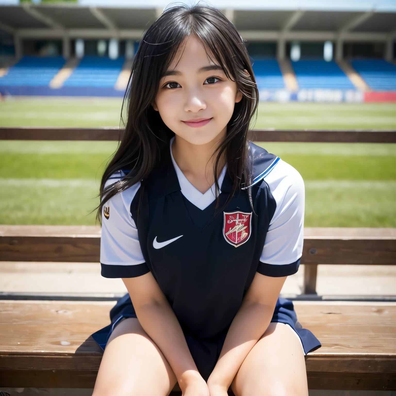 (Best-quality, Masterpiece, Ultra-High-Resolution, (Photorealistic:1.4), Raw Photo, depth of field, professional lighting, perfect anatomy, extremely details), 1girl, -yeld, thost famous Japanese idol, (((sitting in bleachers of soccer-stadium, wearing blue soccer-uniform, innocent smile))), ((extremely cute face like the most popular Japanese idol, ((extremely cute and extremely big black-eyes)), extremely beautiful black-long-hair, ((extremely beautiful and extremely realistic skins)), extremely cute long-eyelashes, extremely cute lips))