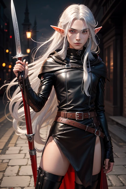 elf man, 25 years old,high, very long straight silver hair, silver eyes, rascal dress, very androgynous, with red hood., black high boots, black leather pants and brown leather belt. fencing with a sword