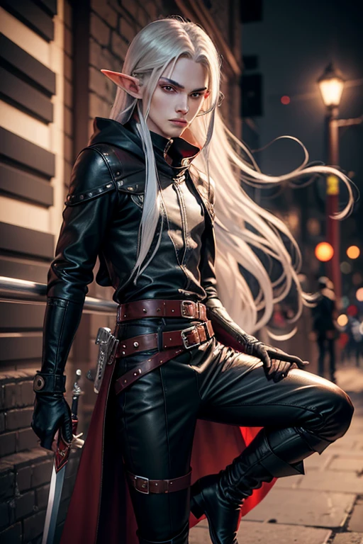 elf man, 25 years old,high, very long straight silver hair, silver eyes, rascal dress, very androgynous, with red hood., black high boots, black leather pants and brown leather belt. fencing with a sword
