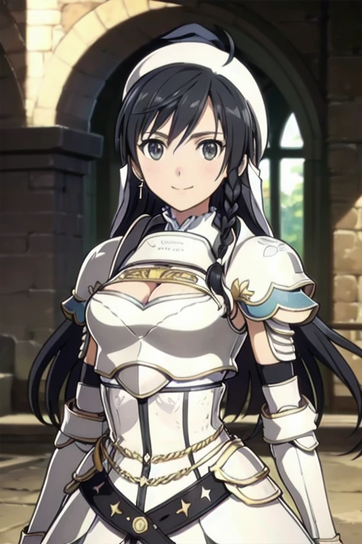 Sonia Blanche, cross earrings, hair ornament, veil, armored dress, pauldrons, breastplate, gauntlets, belt, skirt, greaves, (white beret), 1girl, solo, upper body, facing viewer, looking at viewer, smile,